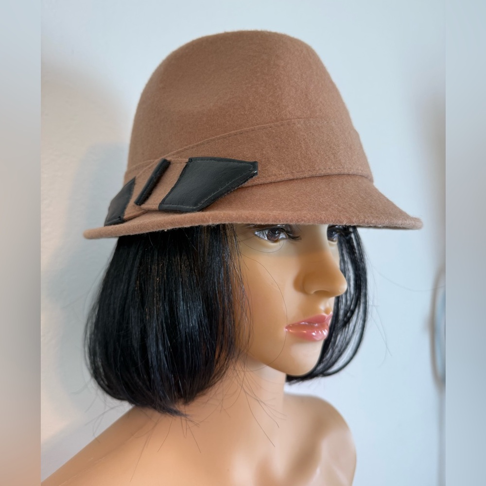 Vintage Beige Brown Wool Felt Cloche Fedora Hat Womens Winter Bucket Hat OS Y2K